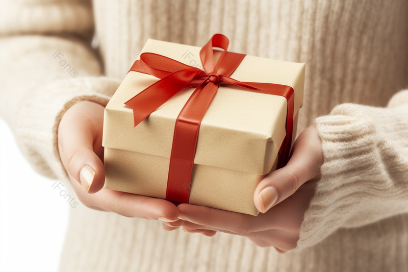 手捧着緾绕着丝带的浅褐色活动节日礼物盒,高清,摄影图,摄影图片,图片大全,摄影图免费下载